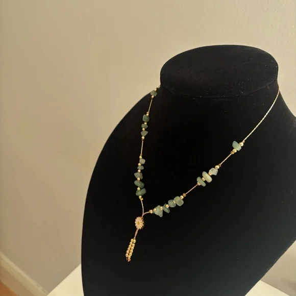 Gold Chain Necklace with Green Bead Accents and Daisy Pendant - Picture 4 of 5